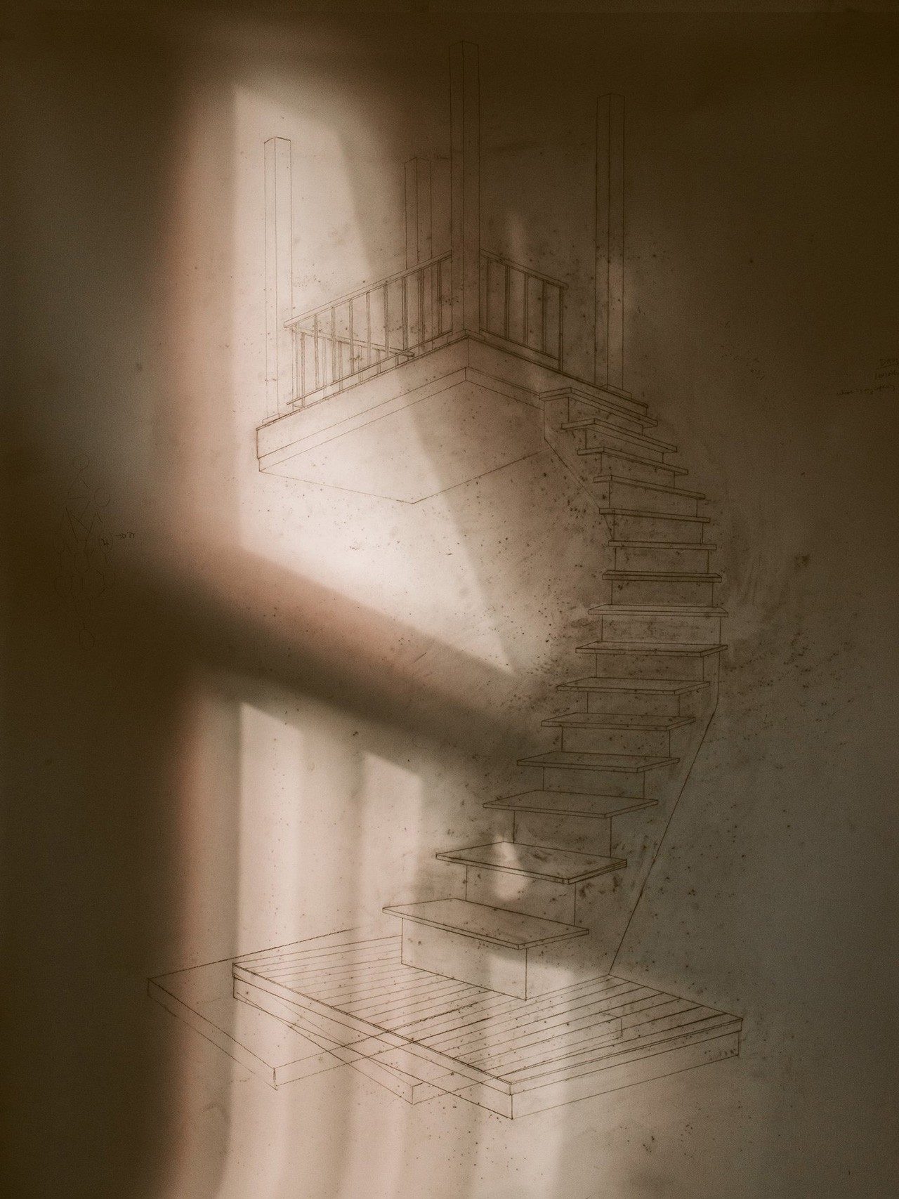 angular shadows cast on an architectural rendering of walk-up balcony