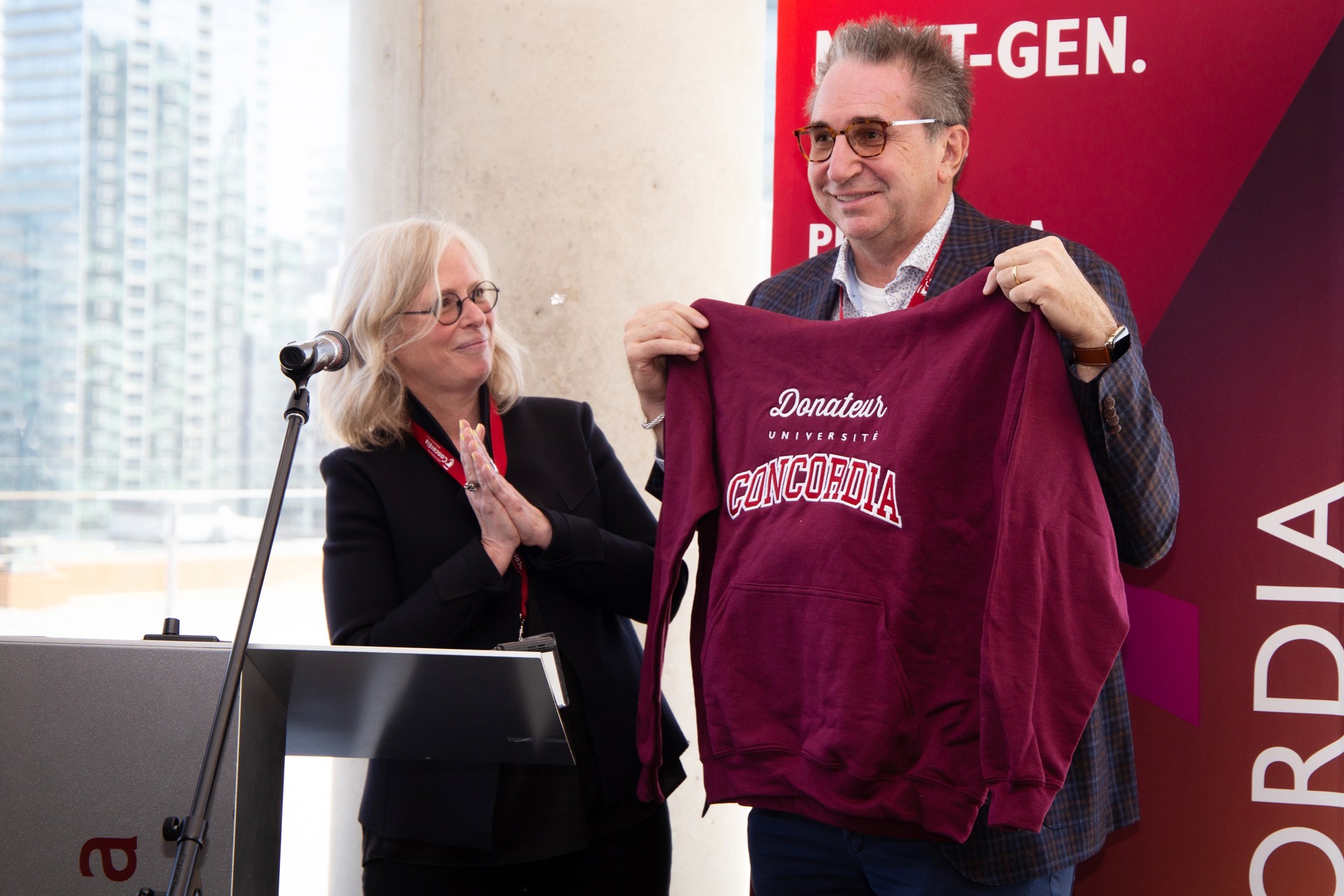 Pictured from left to right: Annie Gérin, dean of the Faculty of Fine Arts, acknowledges the $2 million gift from Behaviour Interactive and its CEO, Rémi Racine.