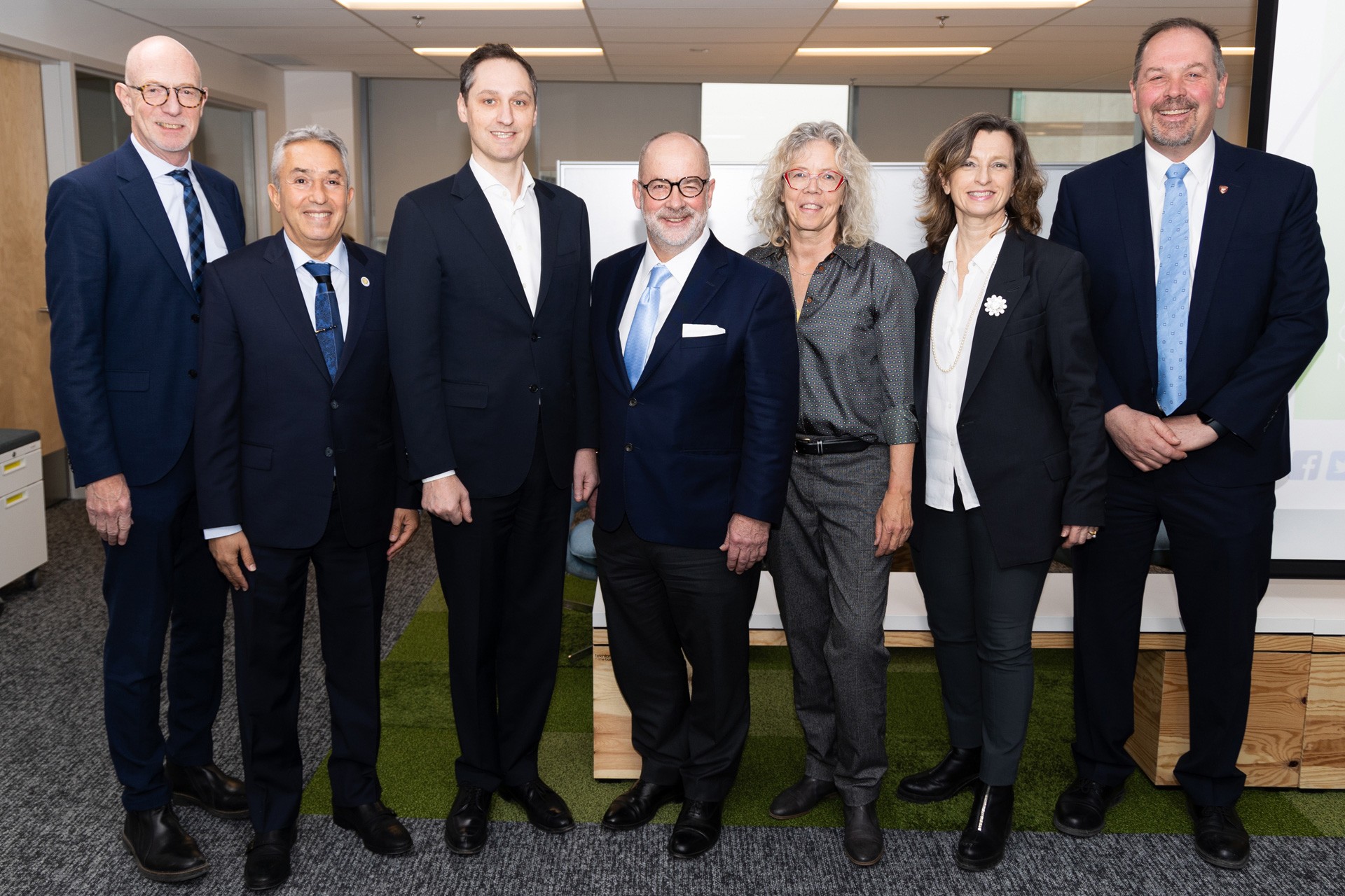At the Power Corporation gift announcement (pictured from left to right): Concordia President Graham Carr; Karim Zaghib, CEO, Volt-age; Olivier Desmarais, senior vice-president, Power Corporation; Paul Genest, senior vice-president, Power Corporation; Ursula Eicker, director, Next-Generation Cities Institute; Dominique Bérubé, vice-president, research and graduate studies; Paul Chesser, BA 94, GrDip 97, vice-president, Advancement.
