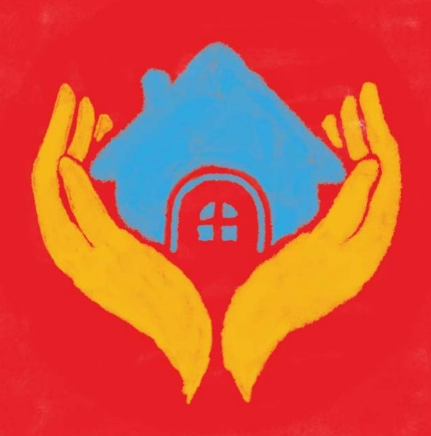 A painting of yellow hands holding up a blue house, on a red background.