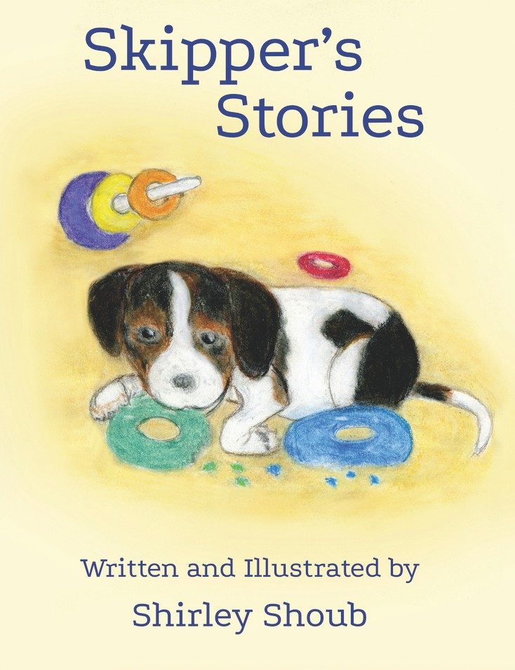 Book cover for 'Skipper's Stories', written and illustrated by Shirley Shoub. The cover displays a charming colored pencil illustration of a black and white puppy lying down with colorful toy rings, set against a soft yellow background. The title is written in bold blue letters at the top, and the author's name is at the bottom.