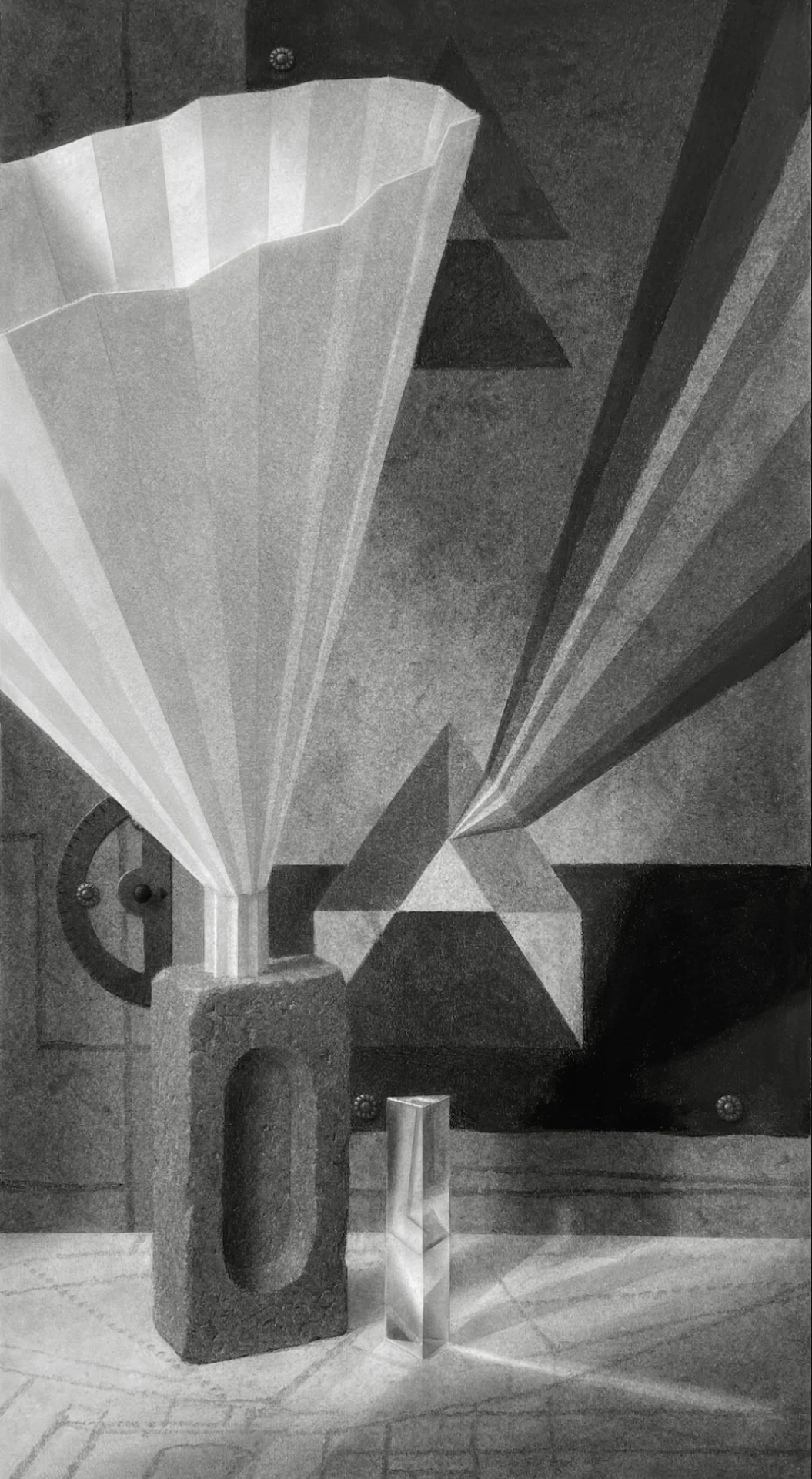Black and white charcoal painting of a prism 
