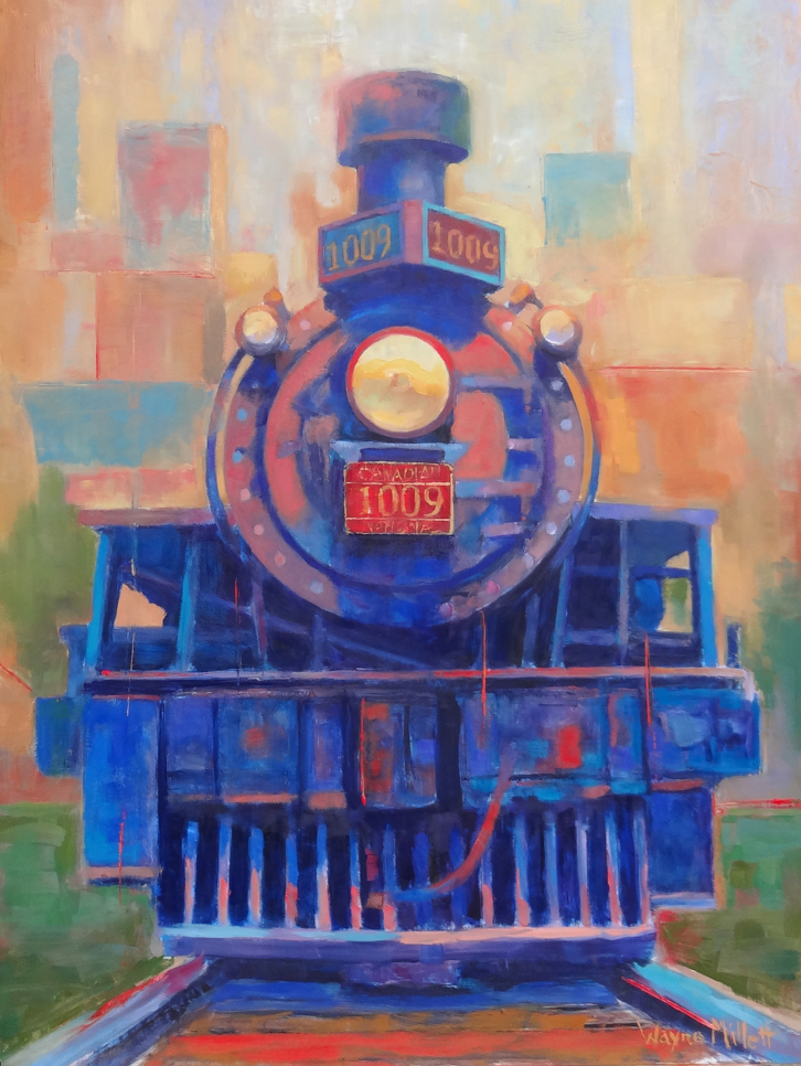 multicolored painting of an old steam train