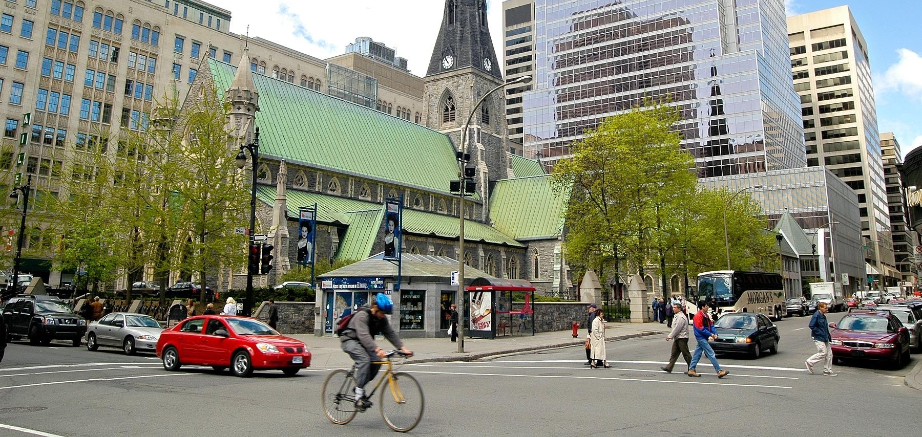 a church in downtown Montreal at a busy intersection