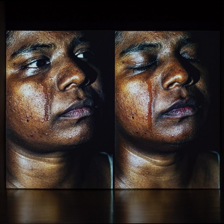 Rajyashri Goody, The Milk Of The Tigress, 2021 Two side-by-side images of a woman with a streak from crying down the cheek