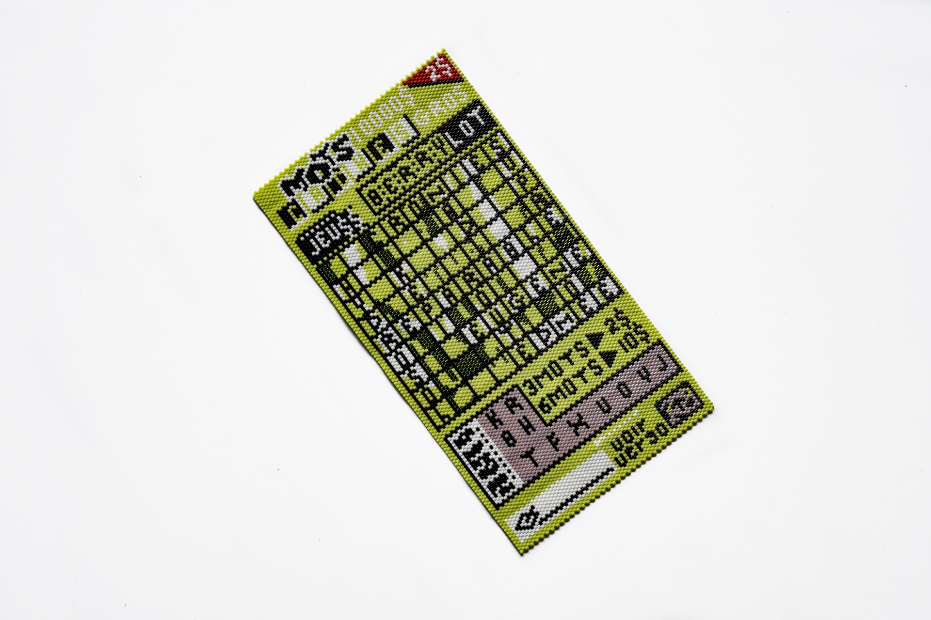 A beaded reproduction of a bingo card with light green background