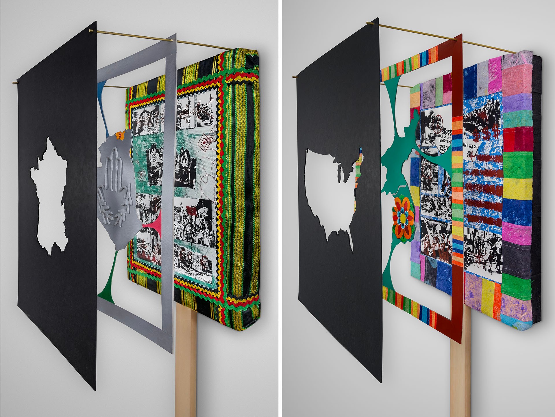 he image on the left consists of laser-cut black cardboard with a hollowed shape of France's map. The second layer of work is a silver cut out of the hamsa hand. The final layer is a screen print on a colourful fabric wrapped around a canvas. It illustrates scenes of the Algerian resistance in black and white with accents of green and red. All layers are held by wooden sticks situated at the top corners of each layer. The image on the right also presents an artwork with 3 layers. The first layer is a black cardboard cut out with a hollowed map of the United States. The second layer is a colourful cardboard frame with organic cut-out motifs. The last layer features screen prints of the Korean War in black and white with colour accents framed by multicoloured paper squares on canvas.
