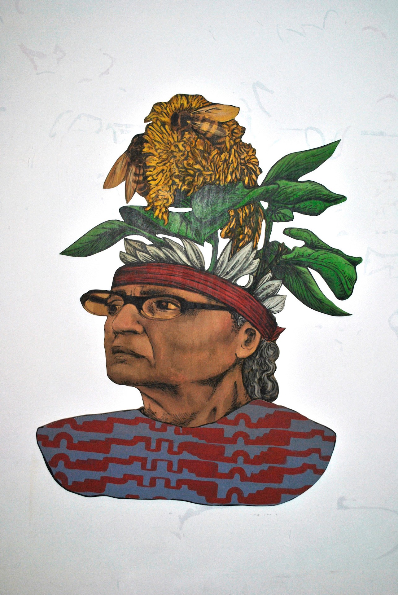 A painting of an indigenous man wearing glasses with feathers and a marigold flower growing out of his head. Two bees pollinate the flowers on top.  