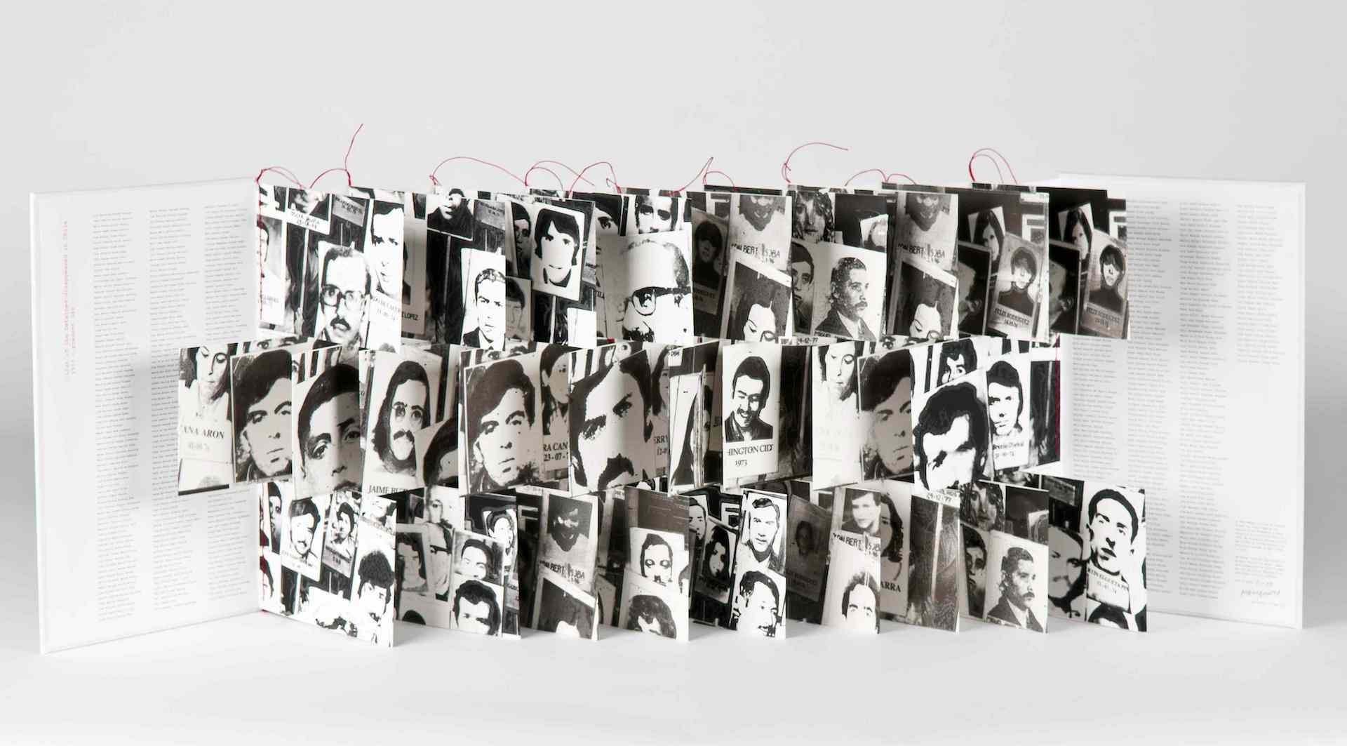 A pop-up print book full of black and white photos of disappeared victims of Chile's military dictatorship years. A part of San Martín's exhibition called "In Their Memory."