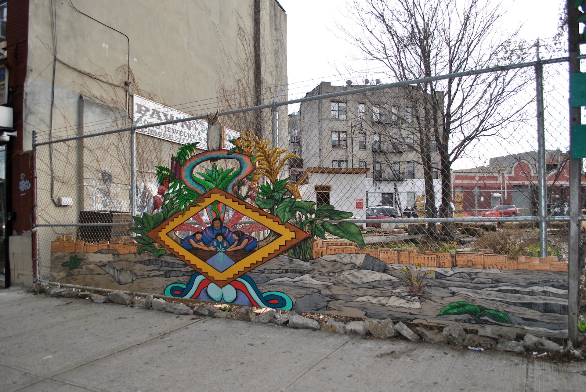 A colourful sculpture attached to a garden fence in Bushwick, New York
