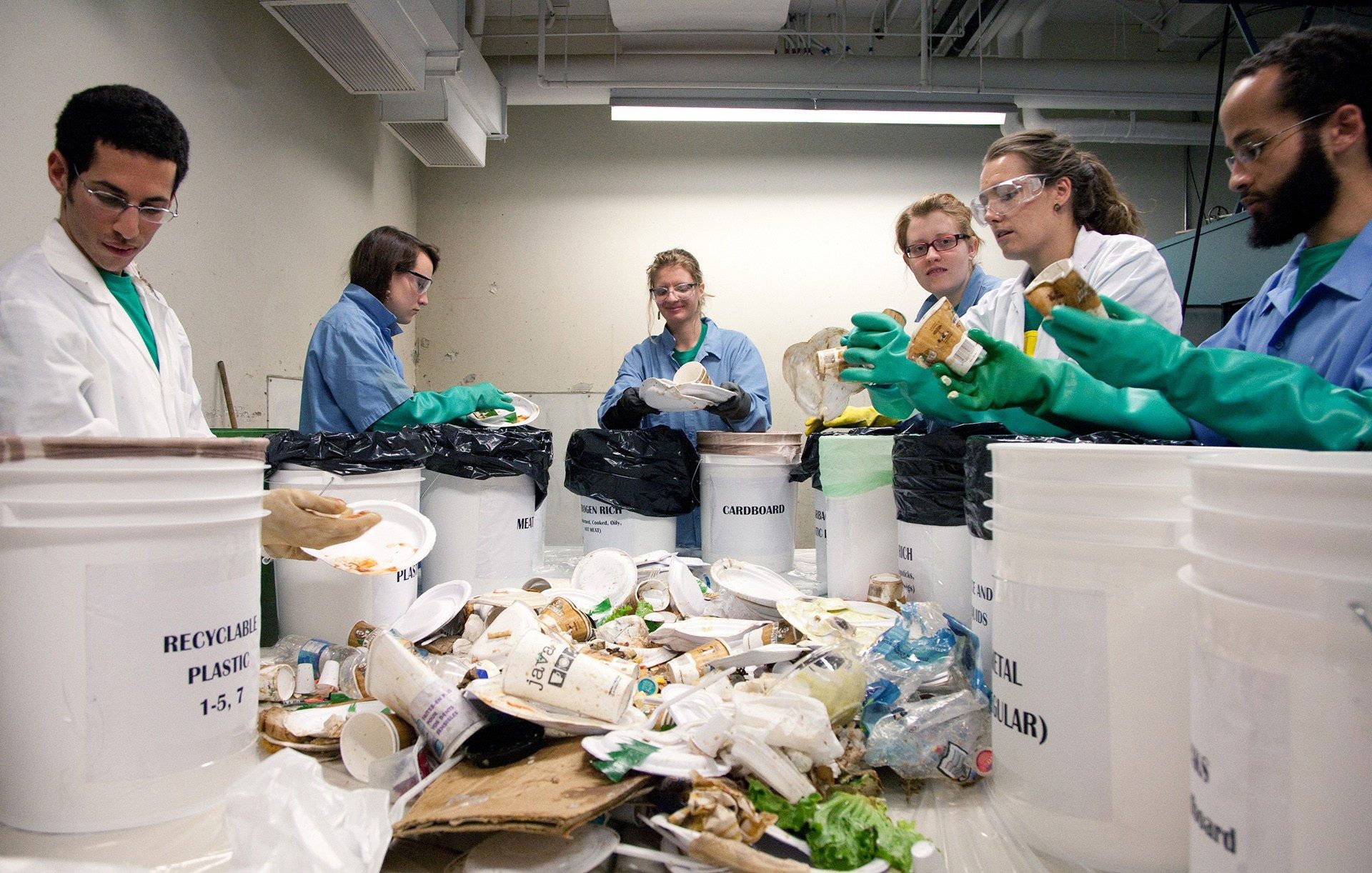 Six people stand around a table facing inward wearing personal protective gear and sorting waste into buckets.