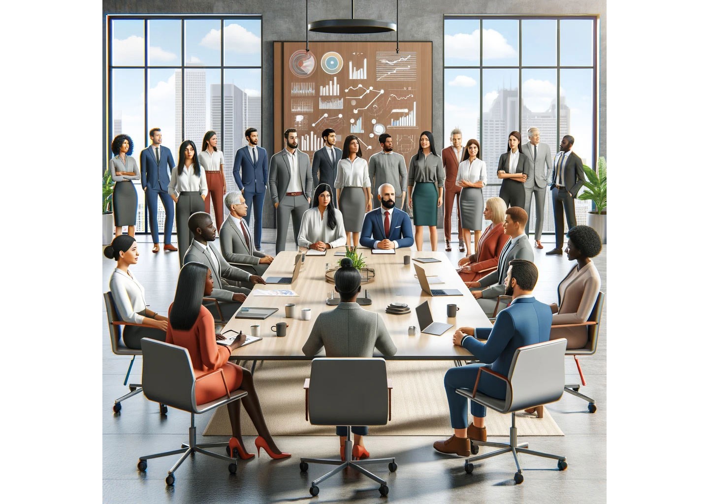 Several men and women leaders of different ethnicities sitting around a table and standing in a large, windowed office space engaging in a collaborative discussion.