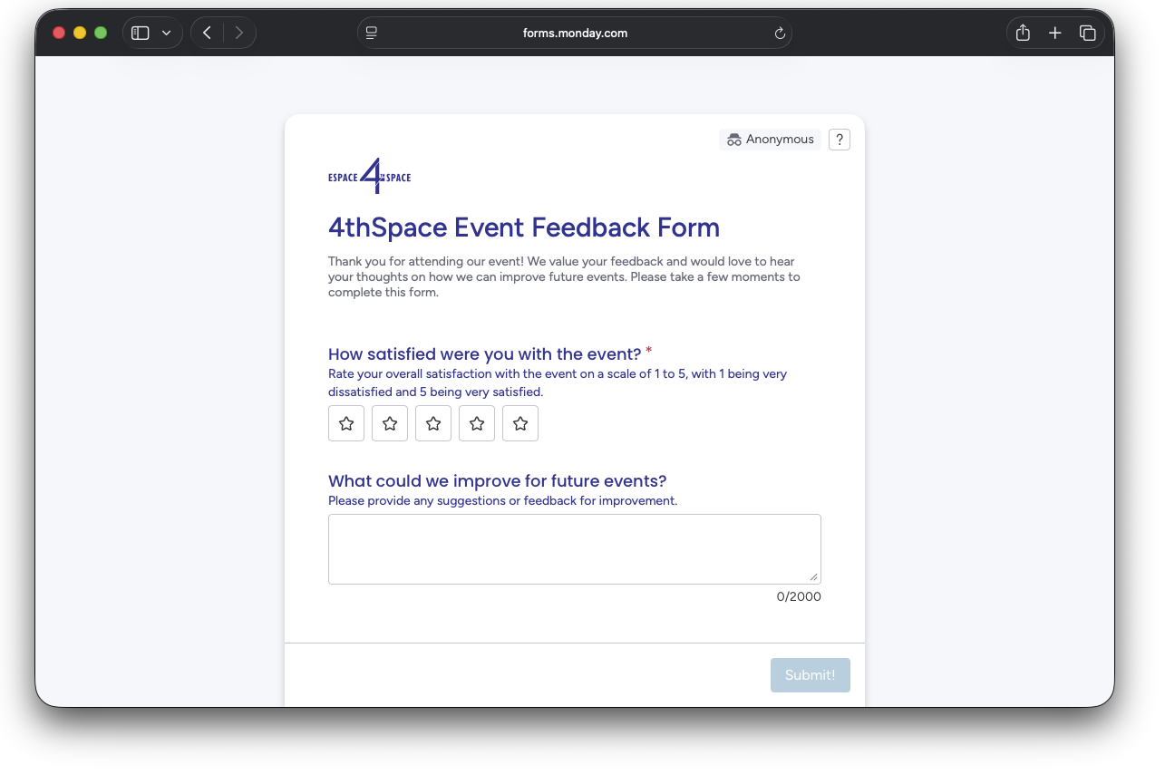 feedback 4thspace screengrab of the feedback form