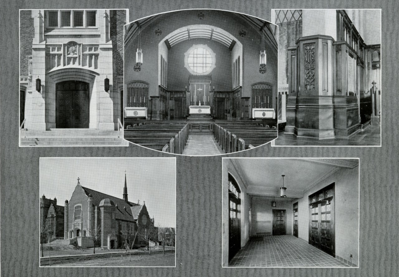 Download old black and white photo collage of the interior and exterior of a chapel that was blessed and opened in 1933 on Loyola College. Old black and white photo collage of the interior and exterior of a chapel that was blessed and opened in 1933 on Loyola College.