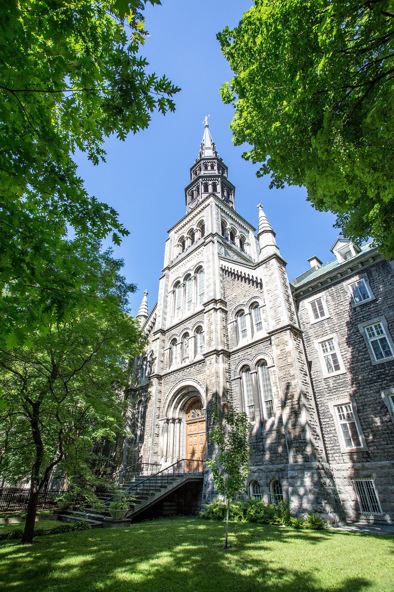 The ornate entrance and facade of Concordia University's historic Grey Nuns residence on a sunny day The ornate entrance and facade of Concordia University's historic Grey Nuns residence on a sunny day