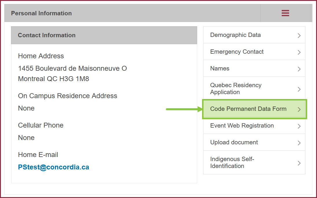 Code Permanent Data Form