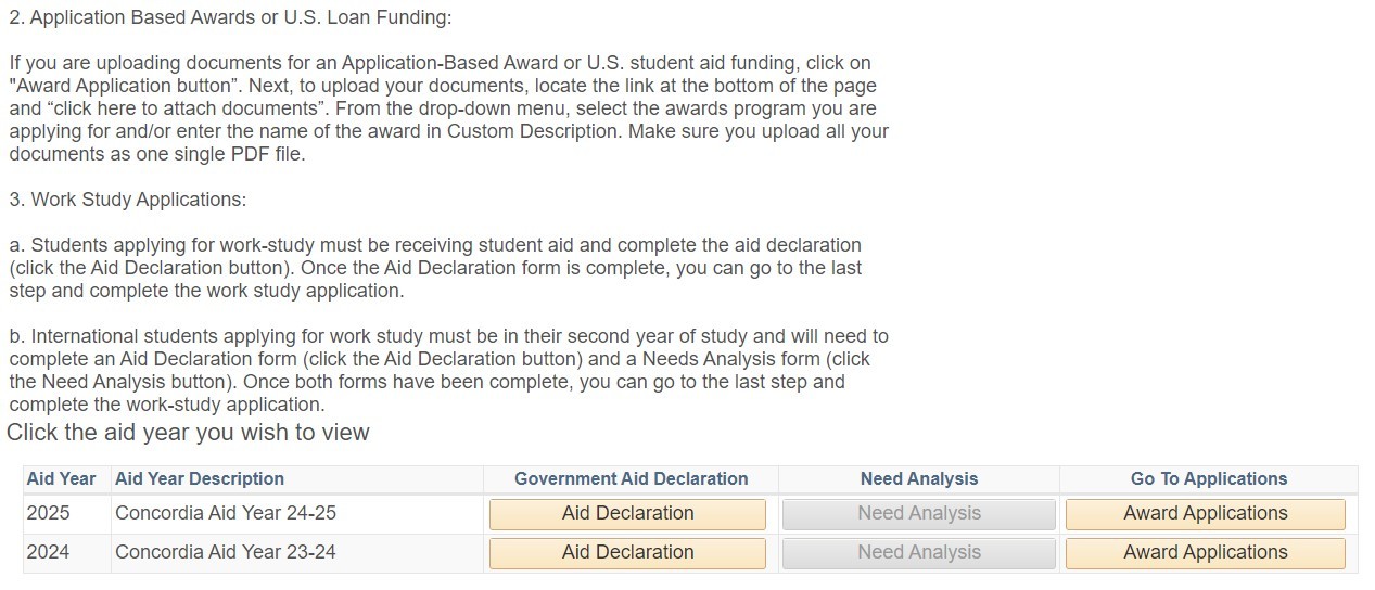 A desktop device screen grab showing the financial aid application page.