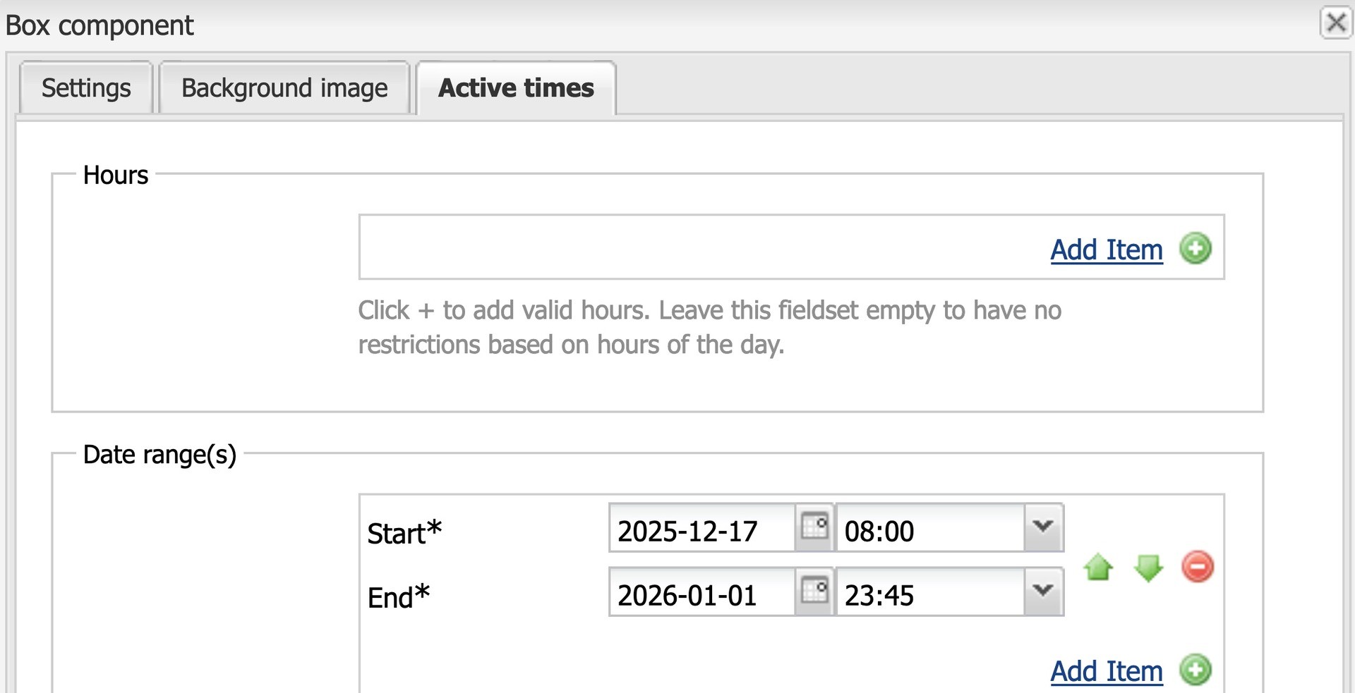 Screenshot of box component active times. Start date is set to 2025-12-17 and end date is 2026-01-01.