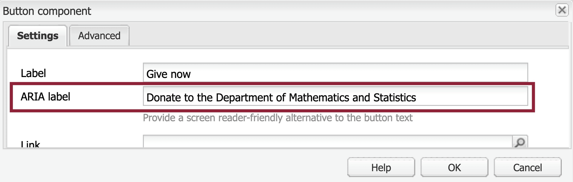 ARIA label In button component advanced tab, ARIA label reads "Donate to the Department of Mathematics and Statistics"