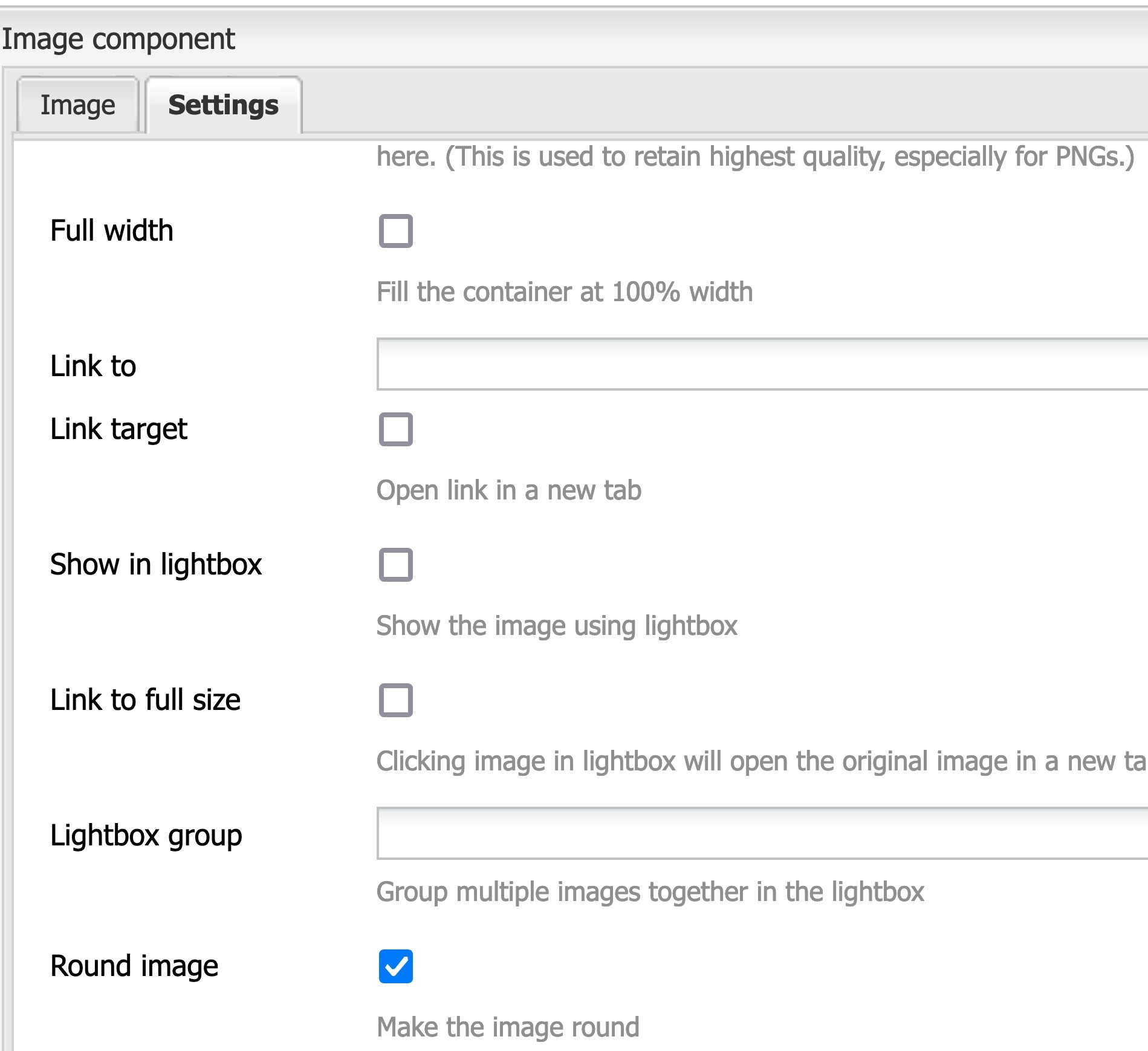 Screenshot of image component settings, with round image checkbox checked
