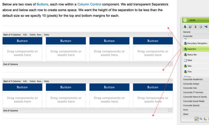 Screen capture of transparent separators in AEM author mode