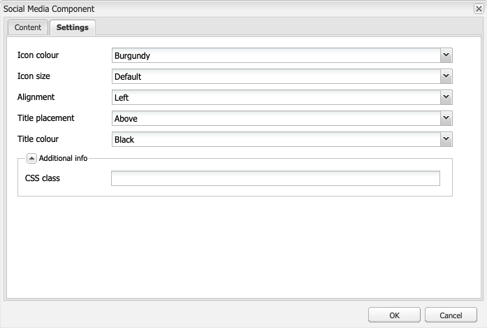 Settings tab dialogue options of the AEM Social Media component