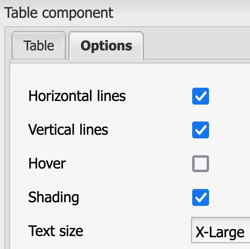 Screenshot of Table component settings, Options tab. Horizontal lines, vertical lines, shading and X-Large text are selected.