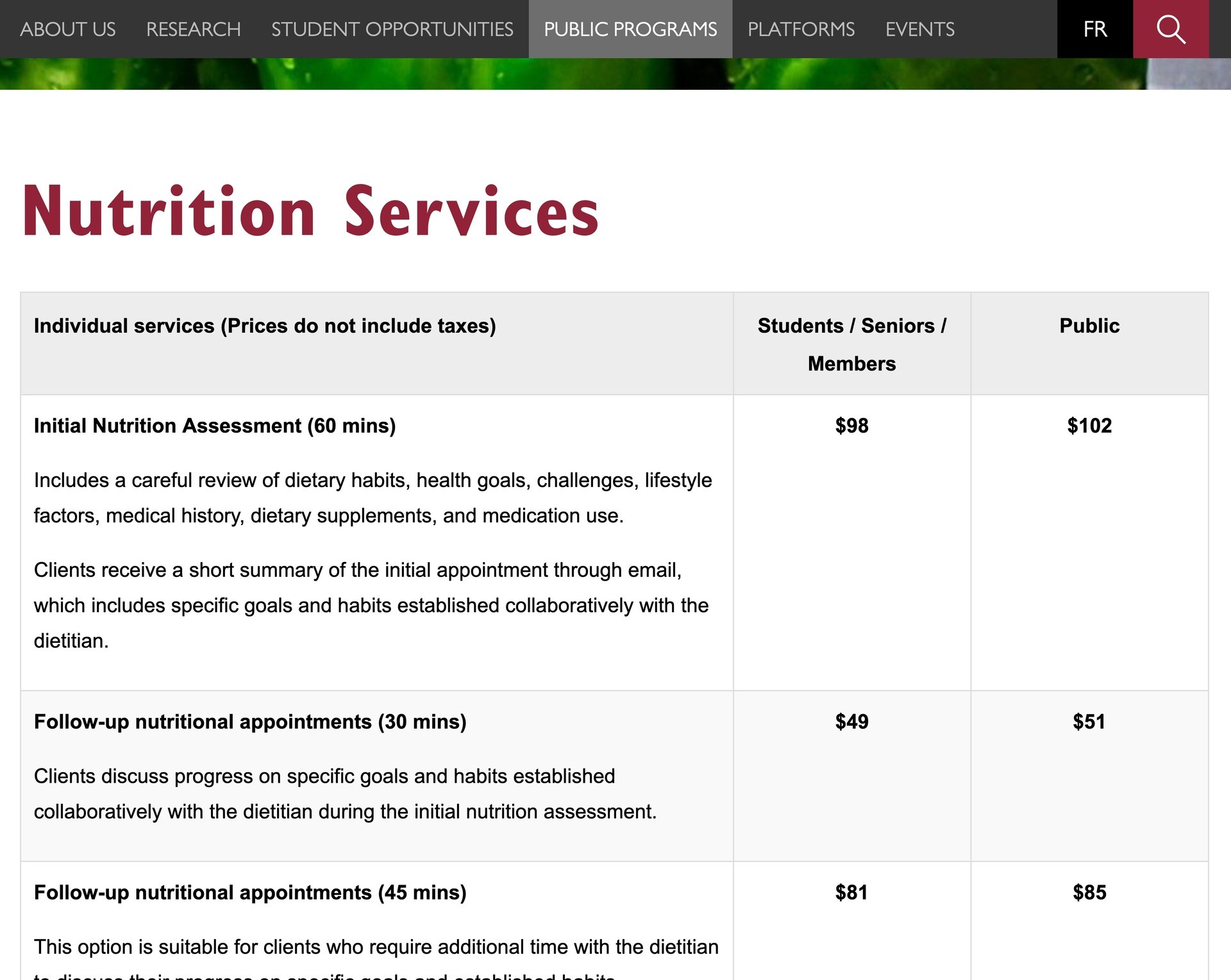 Nutrition services table showing individual services. There are 2 columns for prices: one for students, senios and members; the other for the public