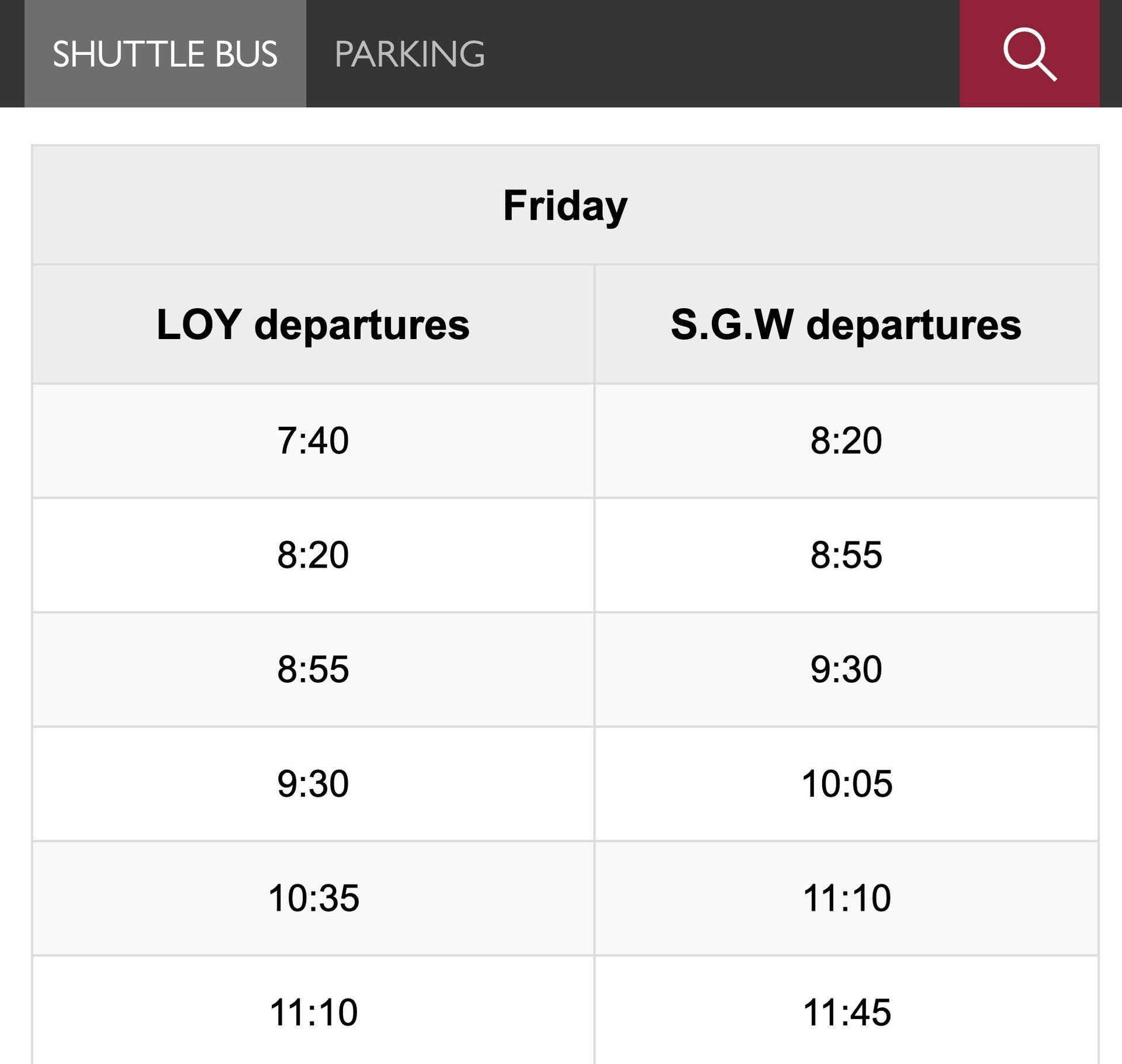 Screenshot showing times of shuttle bus departures on Fridays from Loyola and Sir George Williams. Alternate rows are shaded for easy scanning.