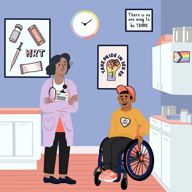 Graphique d'un médecin accueillant un patient en fauteuil roulant dans son cabinet.
