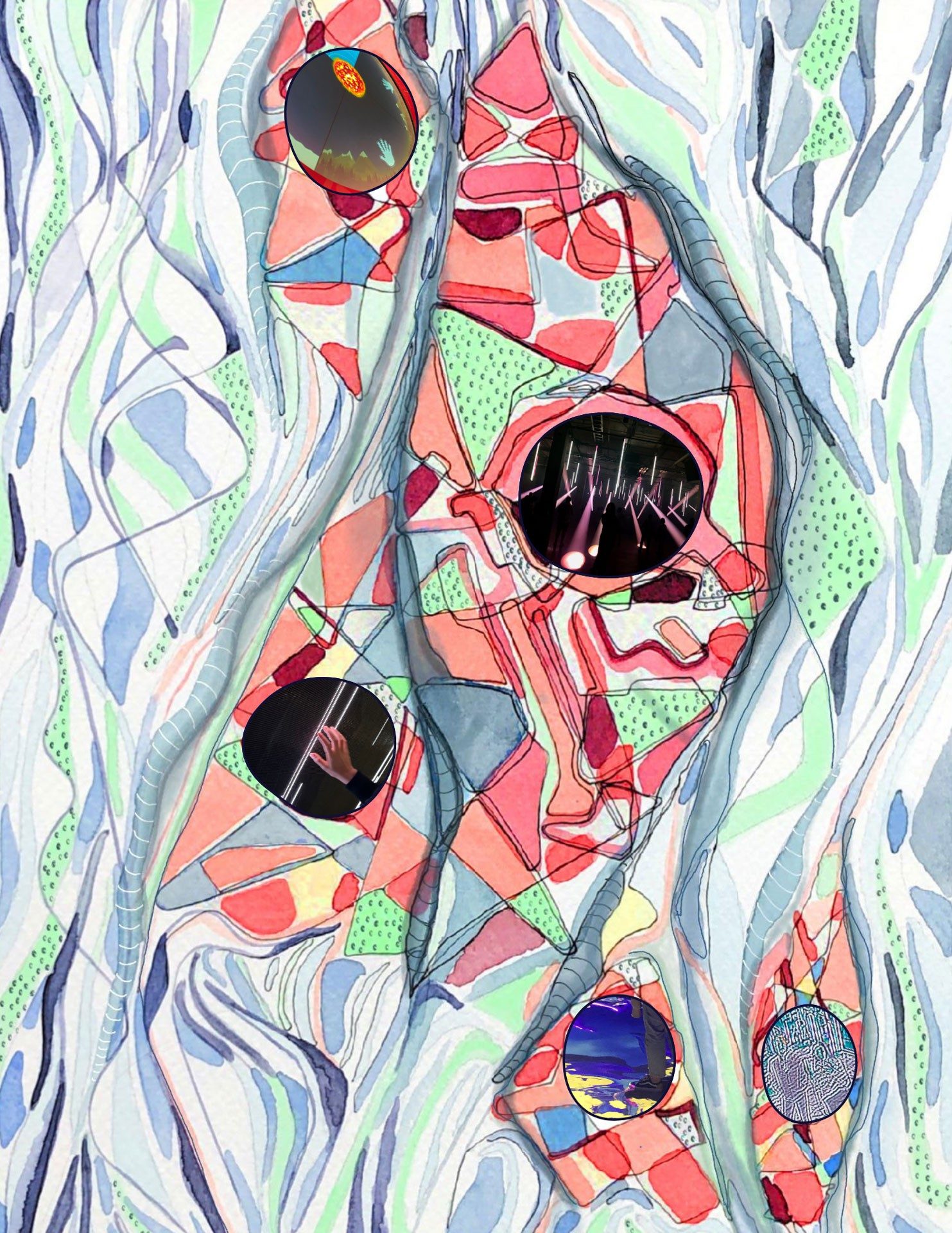 Collage faisant appel à des techniques mixtes illustrant les flots d’une rivière dans un style abstrait. La rivière contient cinq photos de diverses installations interactives.