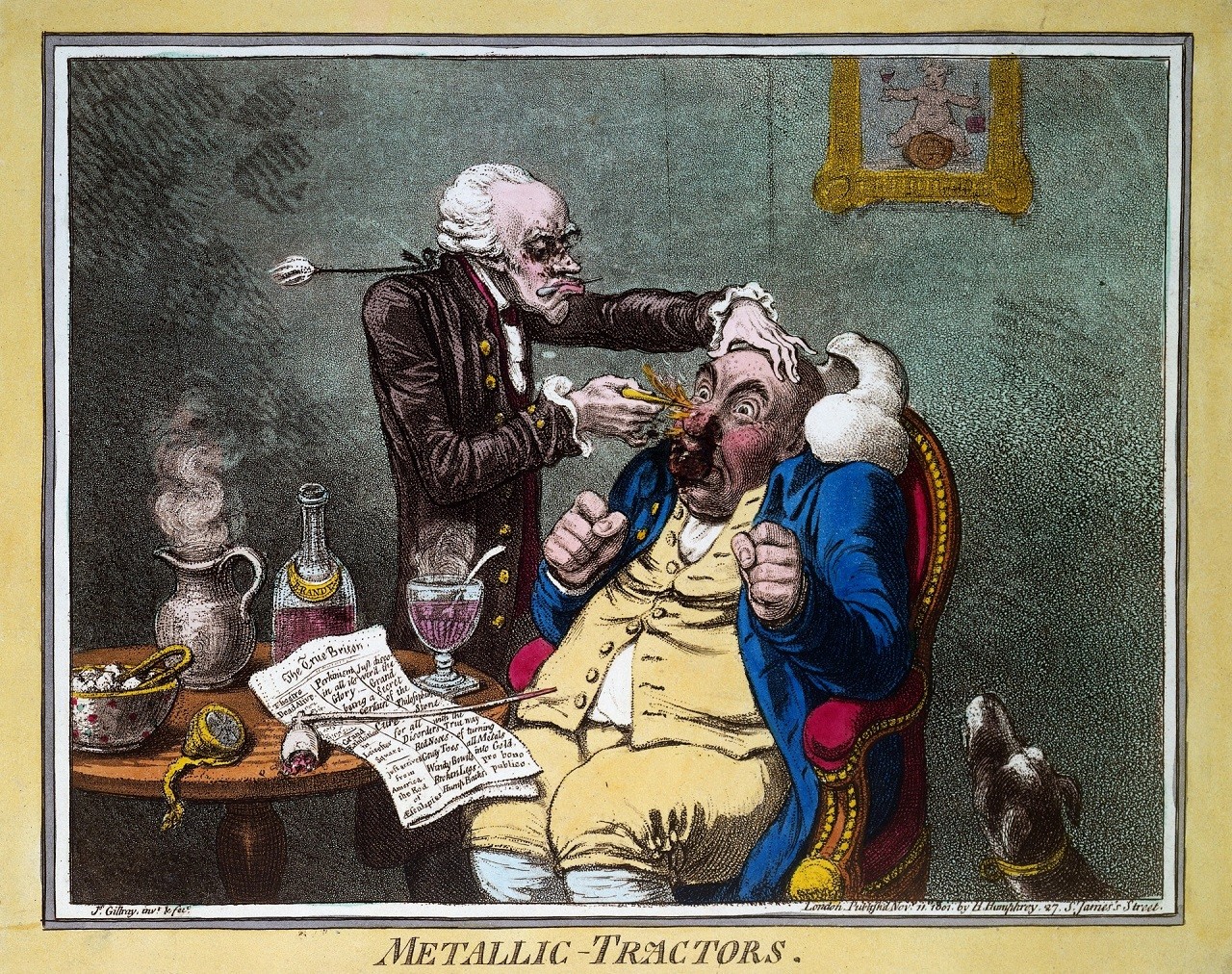 an 18th century print of Elisha Perkins applying his metallic tractors to a patient.