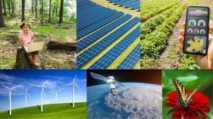 Six photos: a little girl sitting in the forest, a series of solar panels, a field with rows of crops and a person holding a cell phone, a field full of wind mills, a sattelite in space, and a butterfly sitting on a red flower