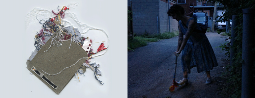 On the right, a scan of scraps of paper and plastic resembling a file. On the left, a photo of maya on a scooter in an alley.