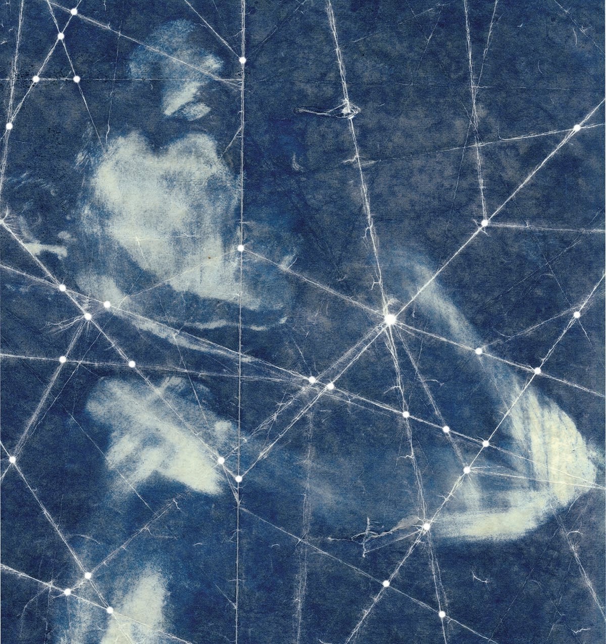 Cyanotype artwork showing the faint imprint of a human body on paper. In the upper left, parts of a face, hand, and arm are visible. A web-like pattern of white lines and glowing dots overlays the deep blue background, resembling a star map or neural connections.