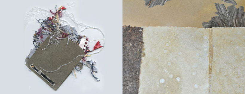 Two images side by side, depicting a sheet of paper and different fibres from other papers as its composition