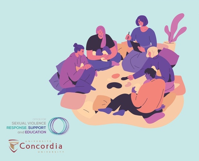 illustration of 5 people sitting on ground in a circle, on pillows.