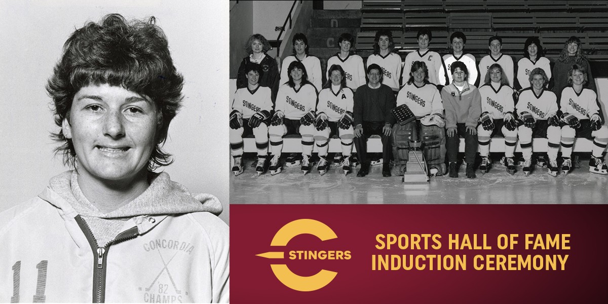 A headshot of a young Julie is next to a hockey team photo in which she is pictured as a student athlete. She has short hair. The images are in greyscale.