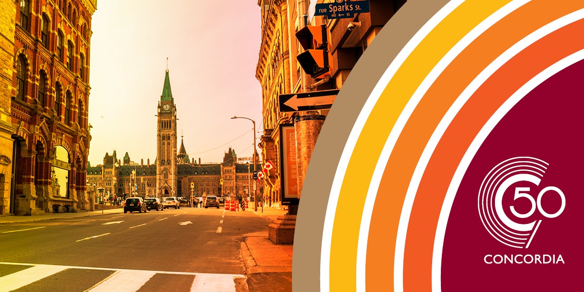 A view of the Canadian Parliament buildings with Concordia 50th anniversary branding in the foreground