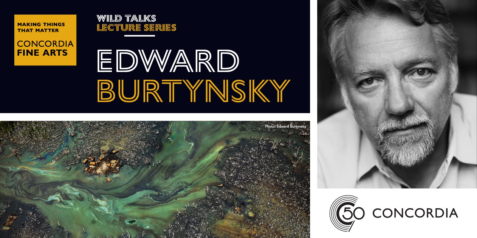 A series of four images: the Wild Talks logo with Edward's name, a photographic portrait of the artist, the 50th anniversary logo and an image of one of his works.