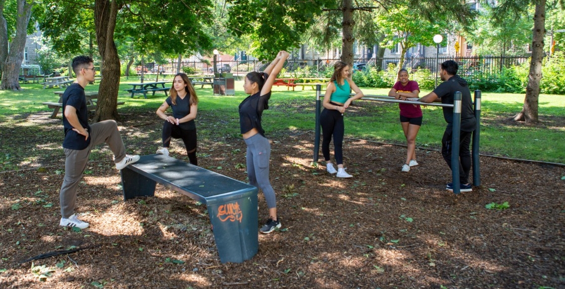 Concordia students exercise in the Grey Nuns garden