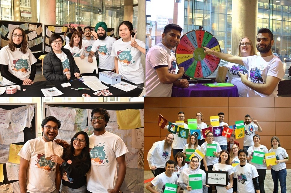 4 images of people at the Discover Multi-Faith Fair: at a table, spinning the conversation wheel, making art and holding up banners