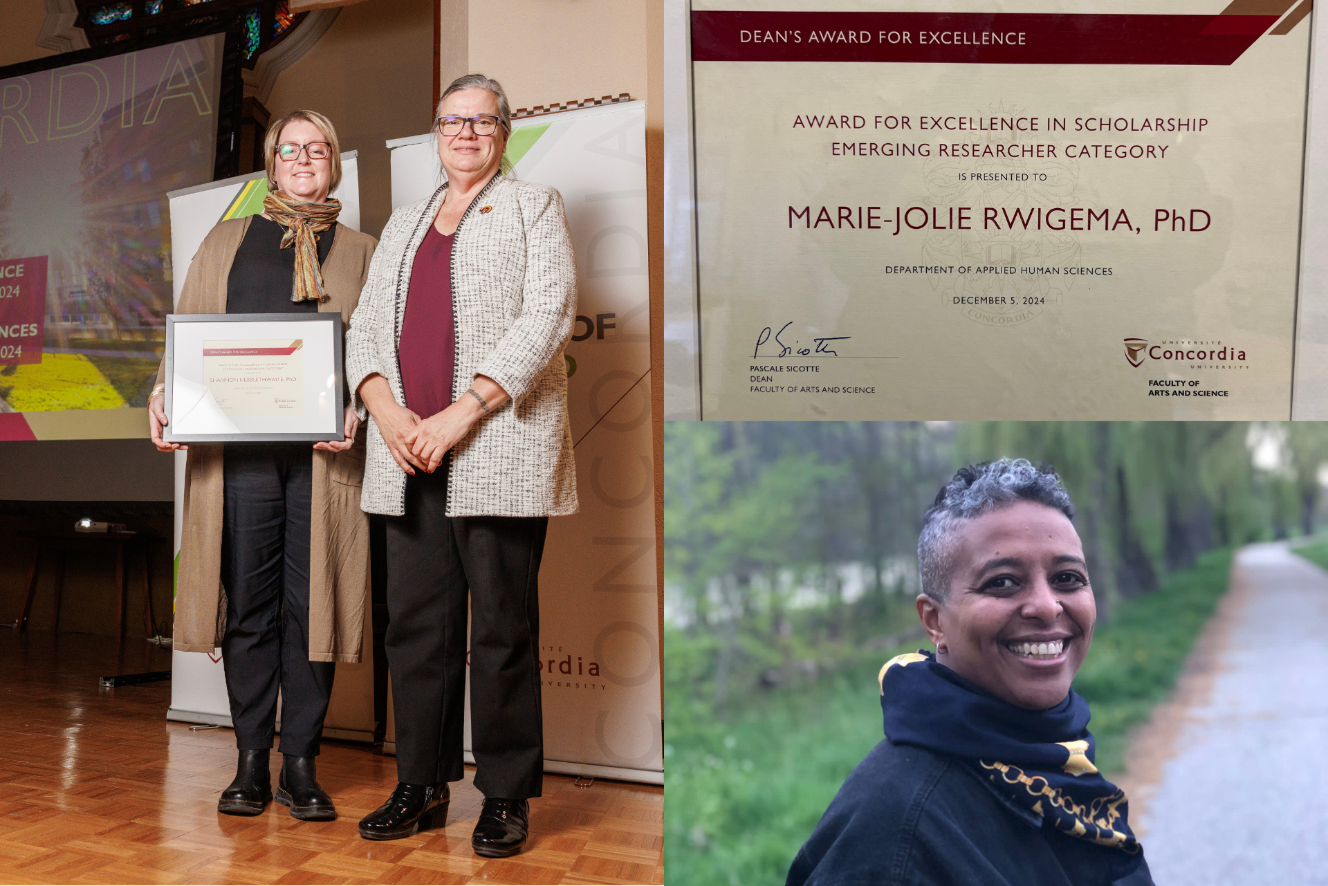 Dr. Shannon Hebblethwaite holds her award while standing next to Dean Pascale Sicotte during the awards ceremony. Dr. MJ Rwigema is pictured below an image of her award.