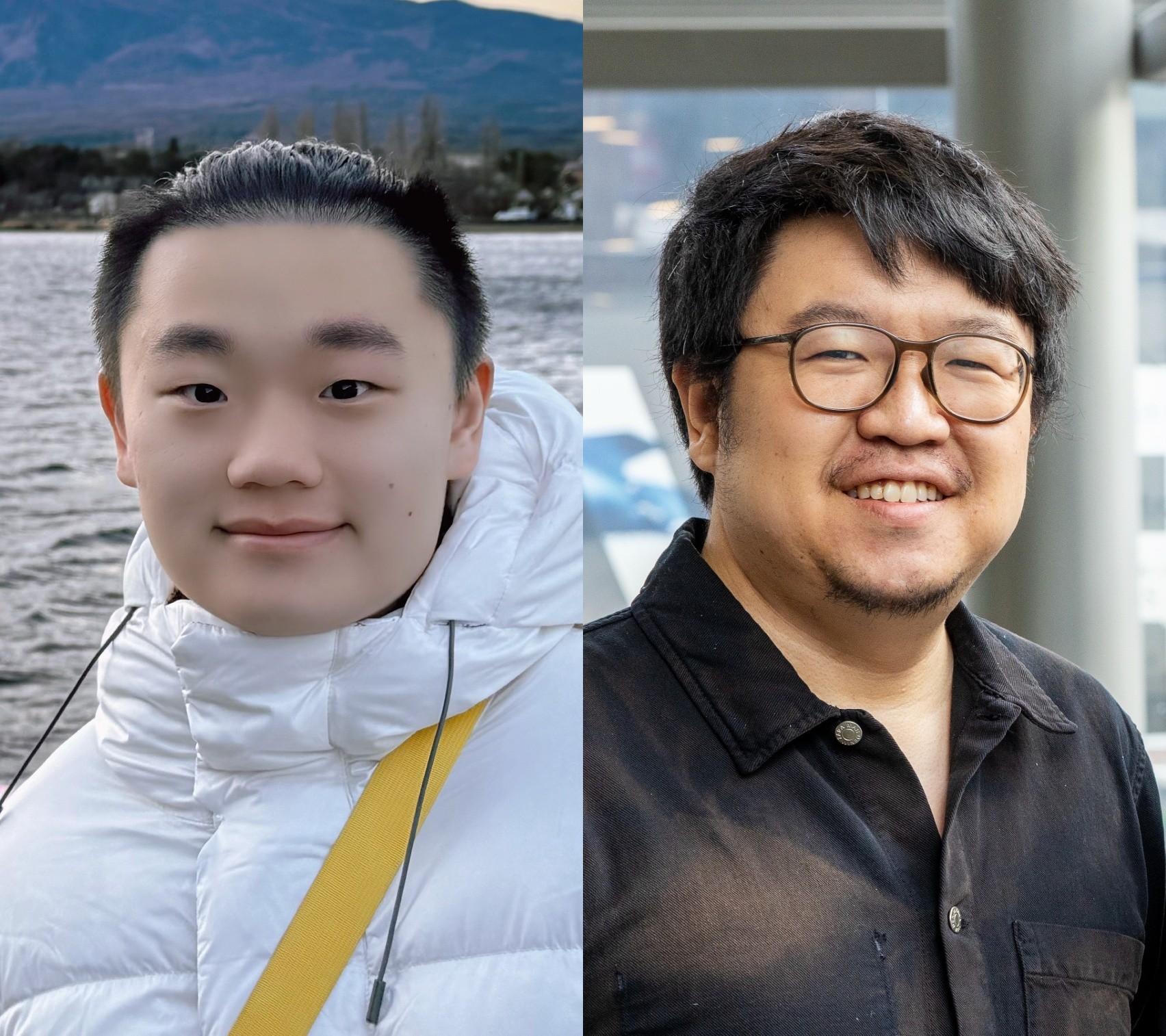 A split image featuring two people: on the left is Zeyang Ma, wearing a white jacket and standing in front of a mountainous landscape near a body of water; on the right is Peter Chen, smiling and wearing glasses with a black shirt, standing indoors with a blurred background.