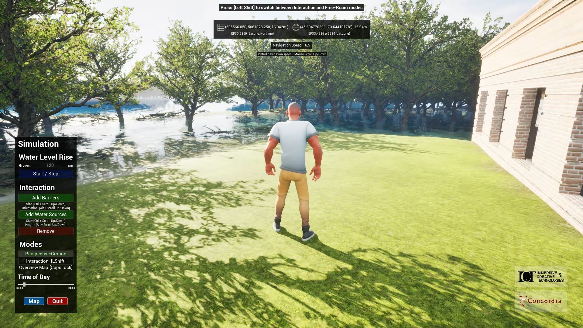 A simulation environment showing a character standing on grass near rising floodwaters with interactive controls displayed on the screen.