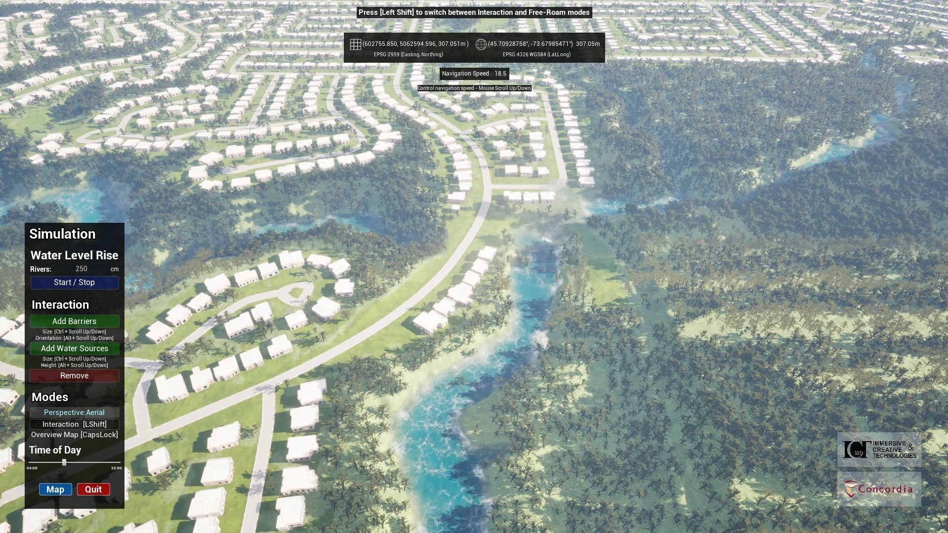 Aerial view of a simulated environment showing rising floodwaters near residential areas with interactive simulation controls displayed on the screen.