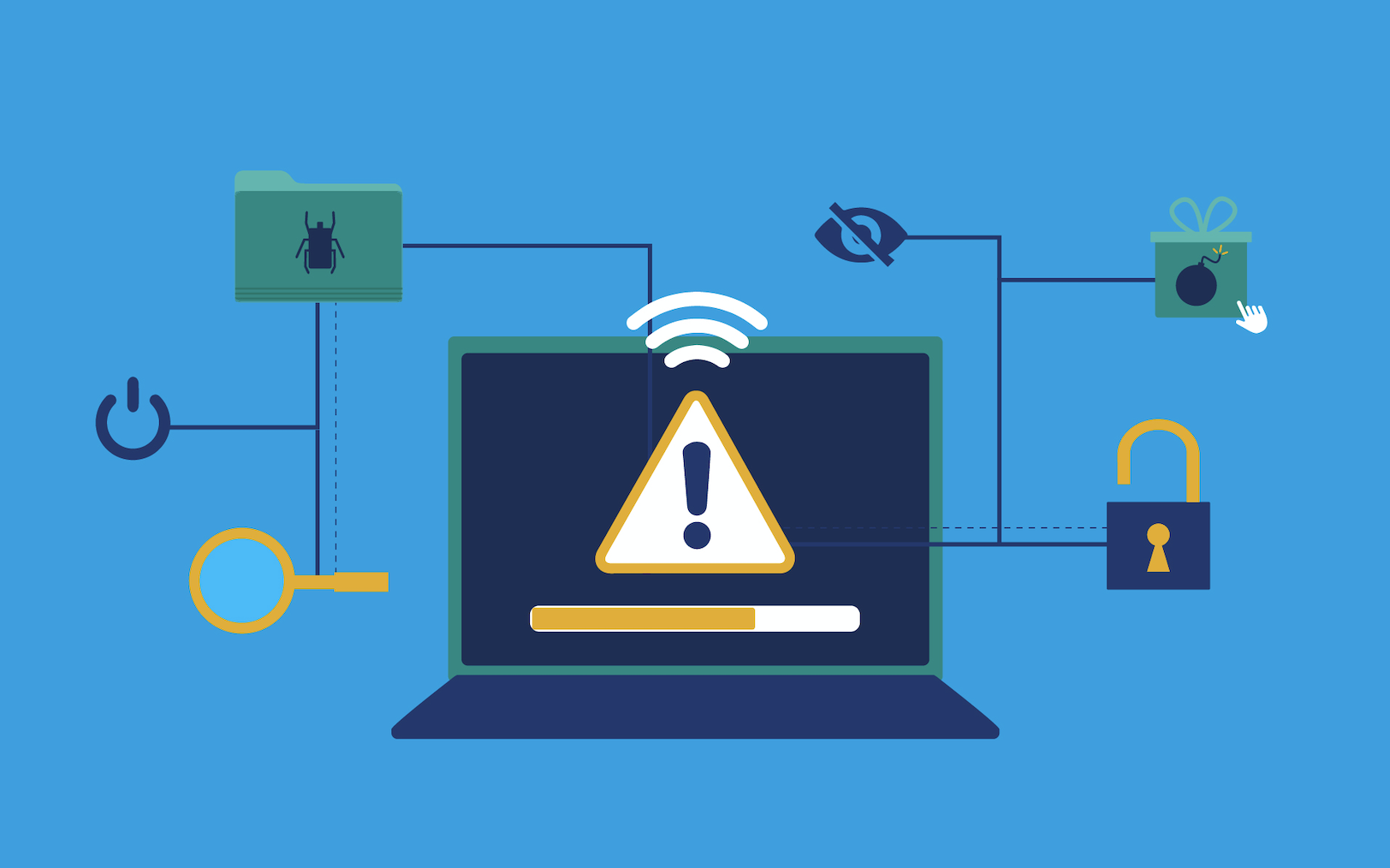 An illustration of a laptop displaying a warning symbol on the screen, connected to icons representing cybersecurity threats like malware, hidden files, and a trojan horse, with a magnifying glass, lock, and power button symbolizing security measures.