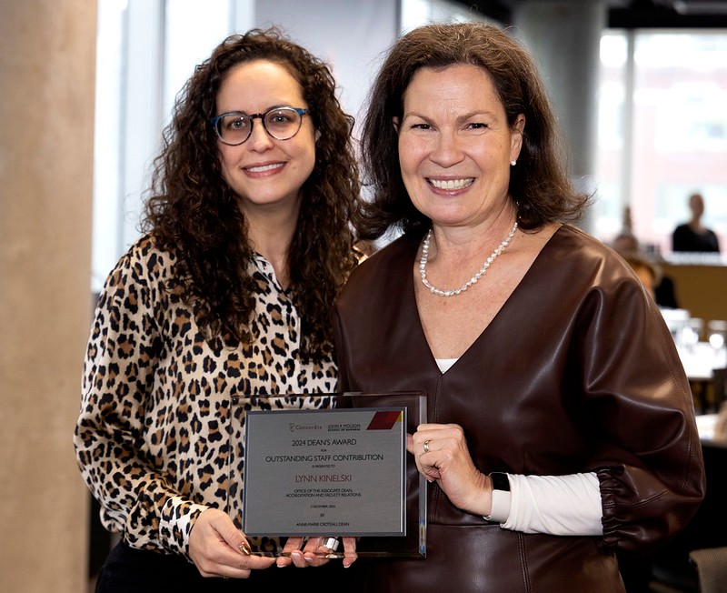 Oustanding Staff Contribution award-winner Lynn Kinelski poses with Dean Anne-Marie Croteau at the 2024 John Molson School Dean's Awards