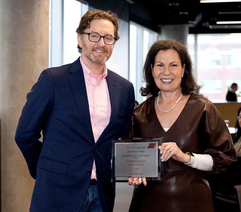 Dean's Award-winner for Excellence in Academic Service, Raymond Paquin, poses with Dean Anne-Marie Croteau at the 2024 John Molson School Dean's Awards