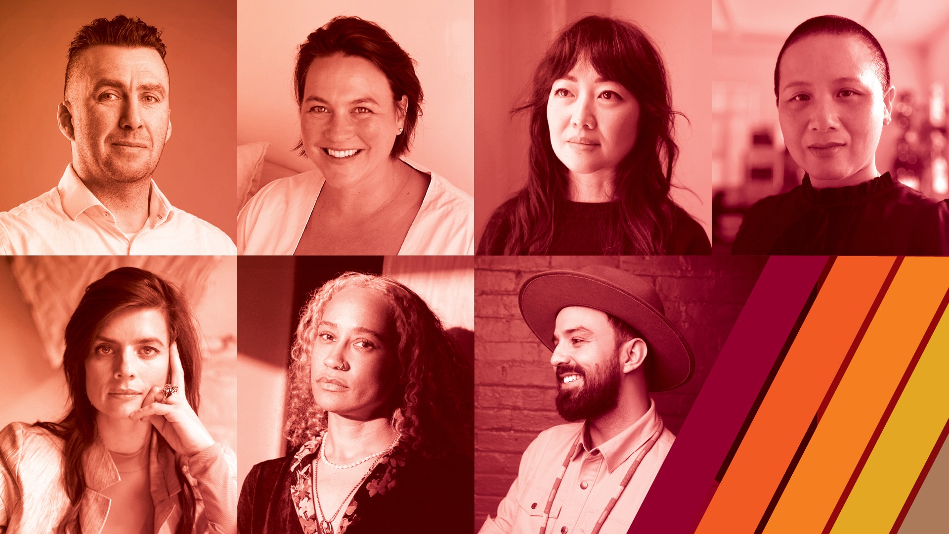 Headshots of the seven longlisted artists with a red, pink or orange tint over their photos